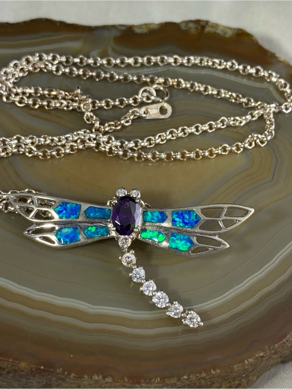 Sterling Silver Dragonfly Necklace & Blue-Green Opal Wings and Amethyst & CZ's